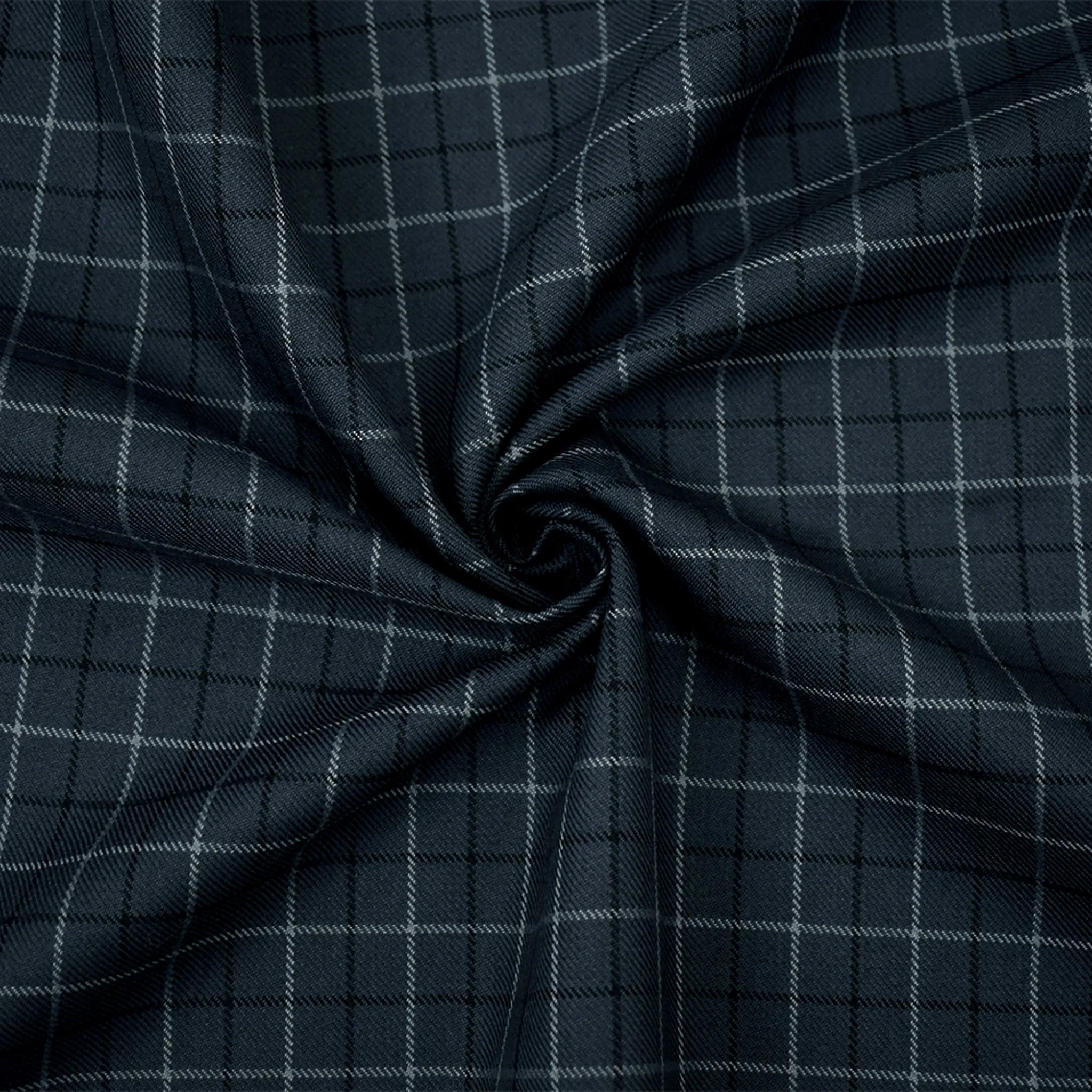 Deep Gray-Black Wool-Polyester Plaid Check Twill Suiting Fabric