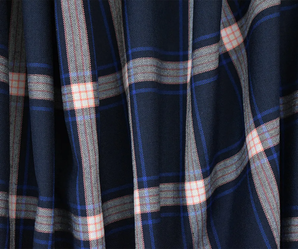 Deep Navy-Orange-Multi Polyester Wool Plaid Shirting Woven Fabric