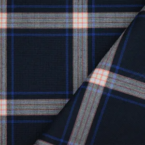 Deep Navy-Orange-Multi Polyester Wool Plaid Shirting Woven Fabric