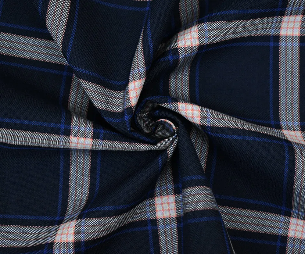 Deep Navy-Orange-Multi Polyester Wool Plaid Shirting Woven Fabric
