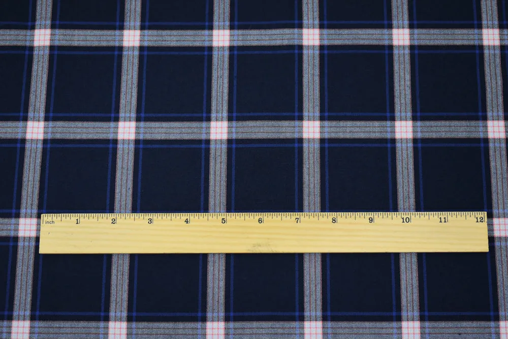 Deep Navy-Orange-Multi Polyester Wool Plaid Shirting Woven Fabric