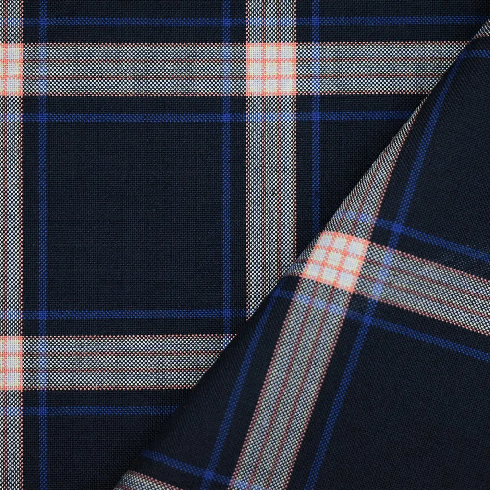 Deep Navy-Orange-Multi Polyester Wool Plaid Shirting Woven Fabric