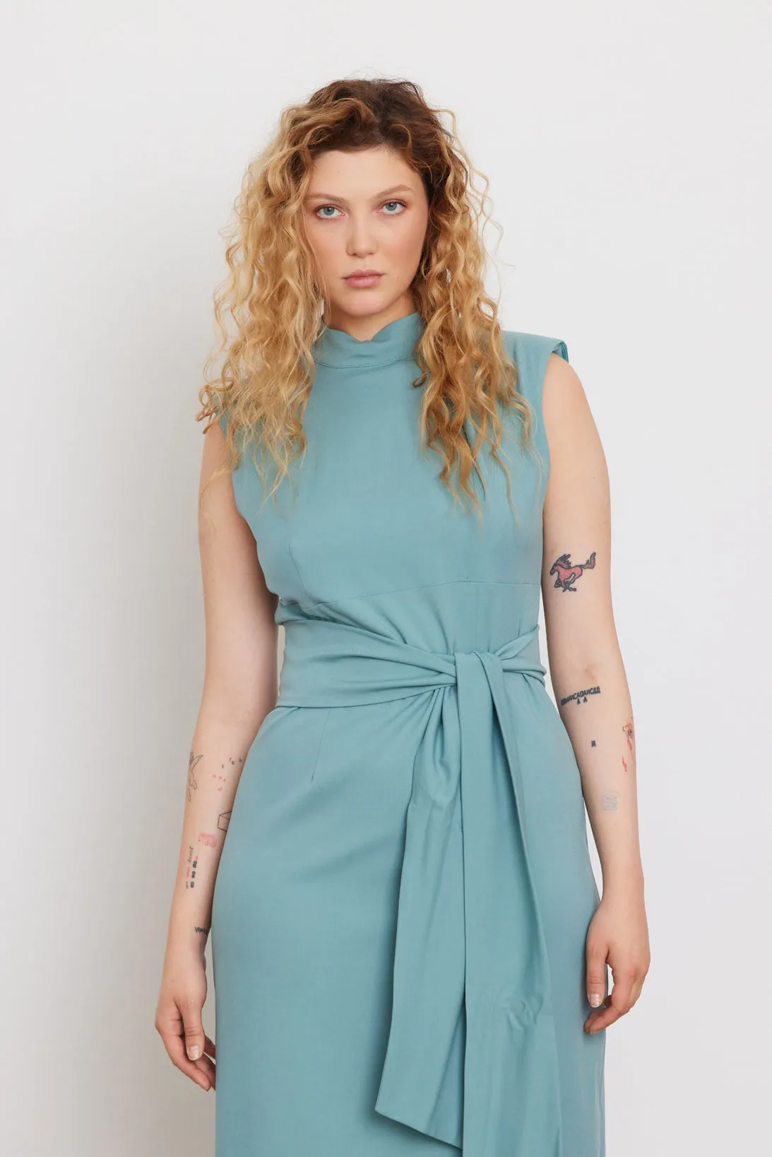 Designer Long Dress With Mock Neck Solid Light Blue