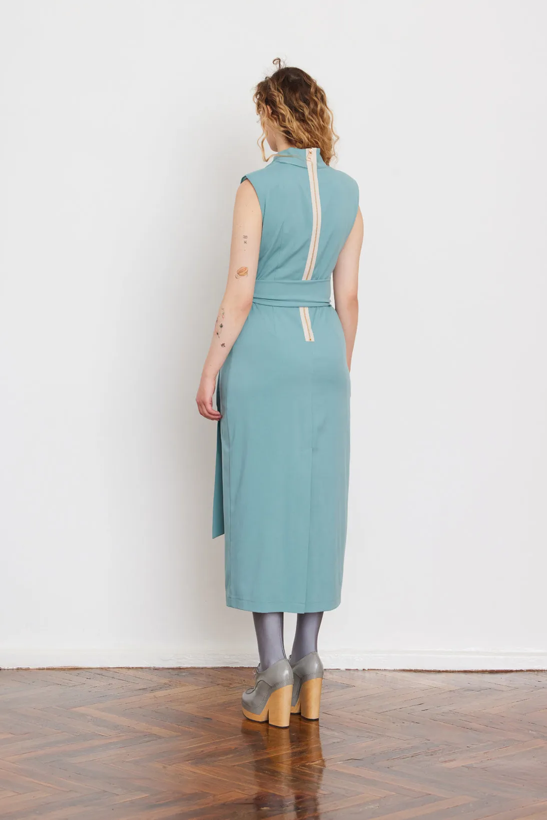 Designer Long Dress With Mock Neck Solid Light Blue