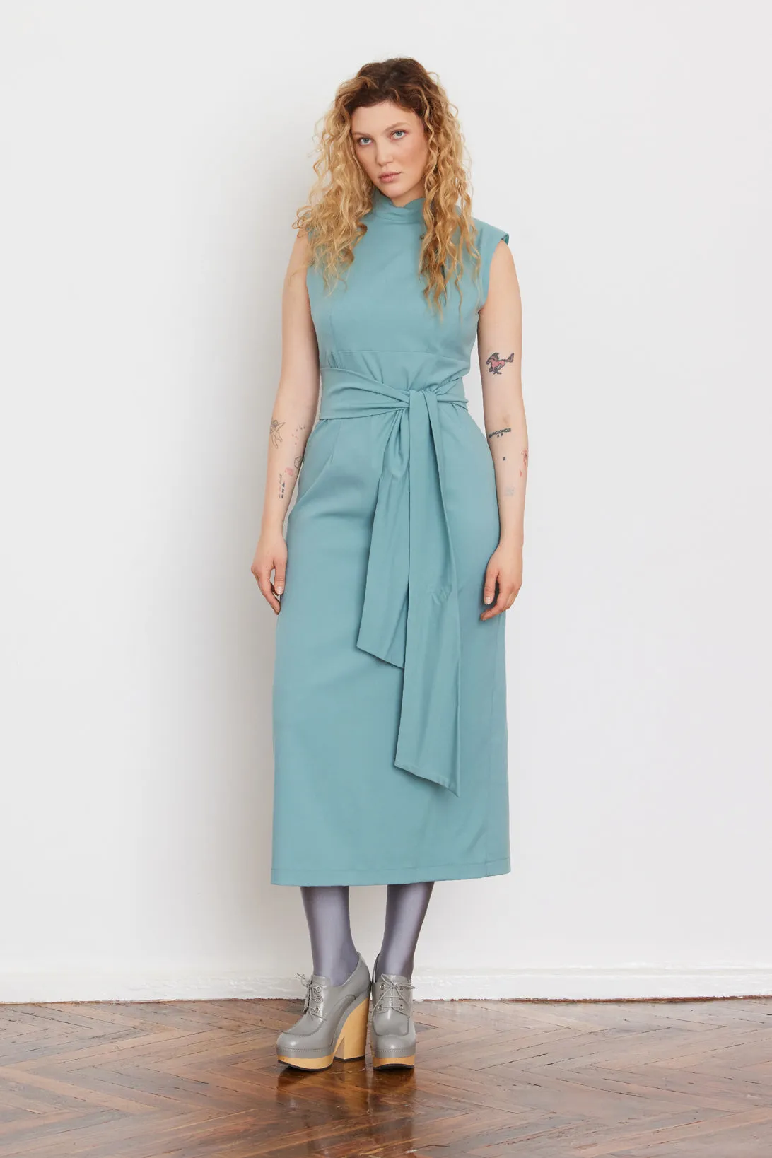 Designer Long Dress With Mock Neck Solid Light Blue