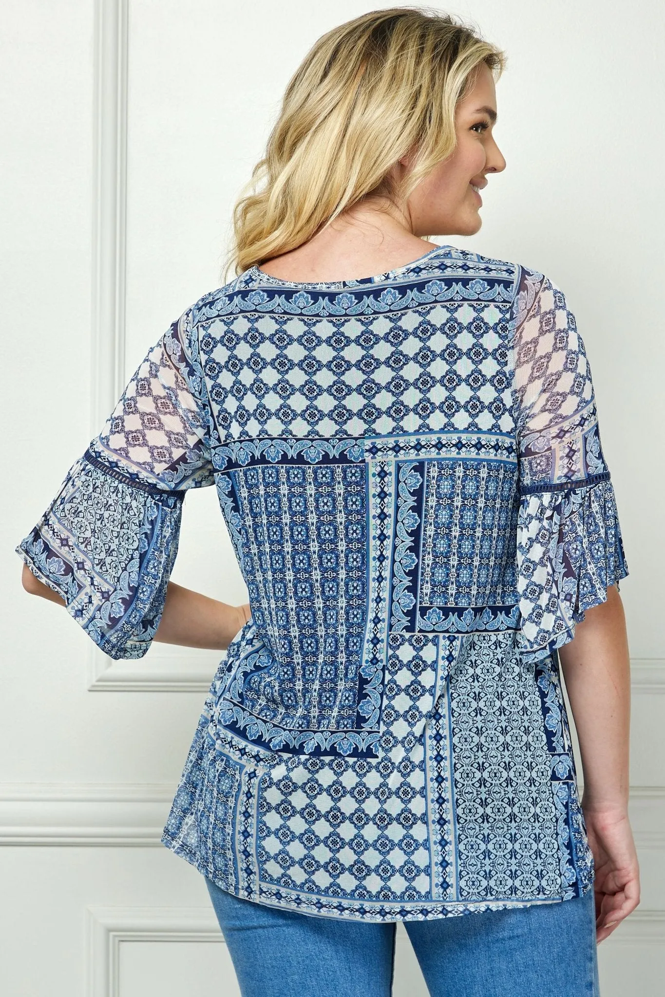 Elbow Ruffle Sleeve Beaded Tie Neck Blouse - Plus