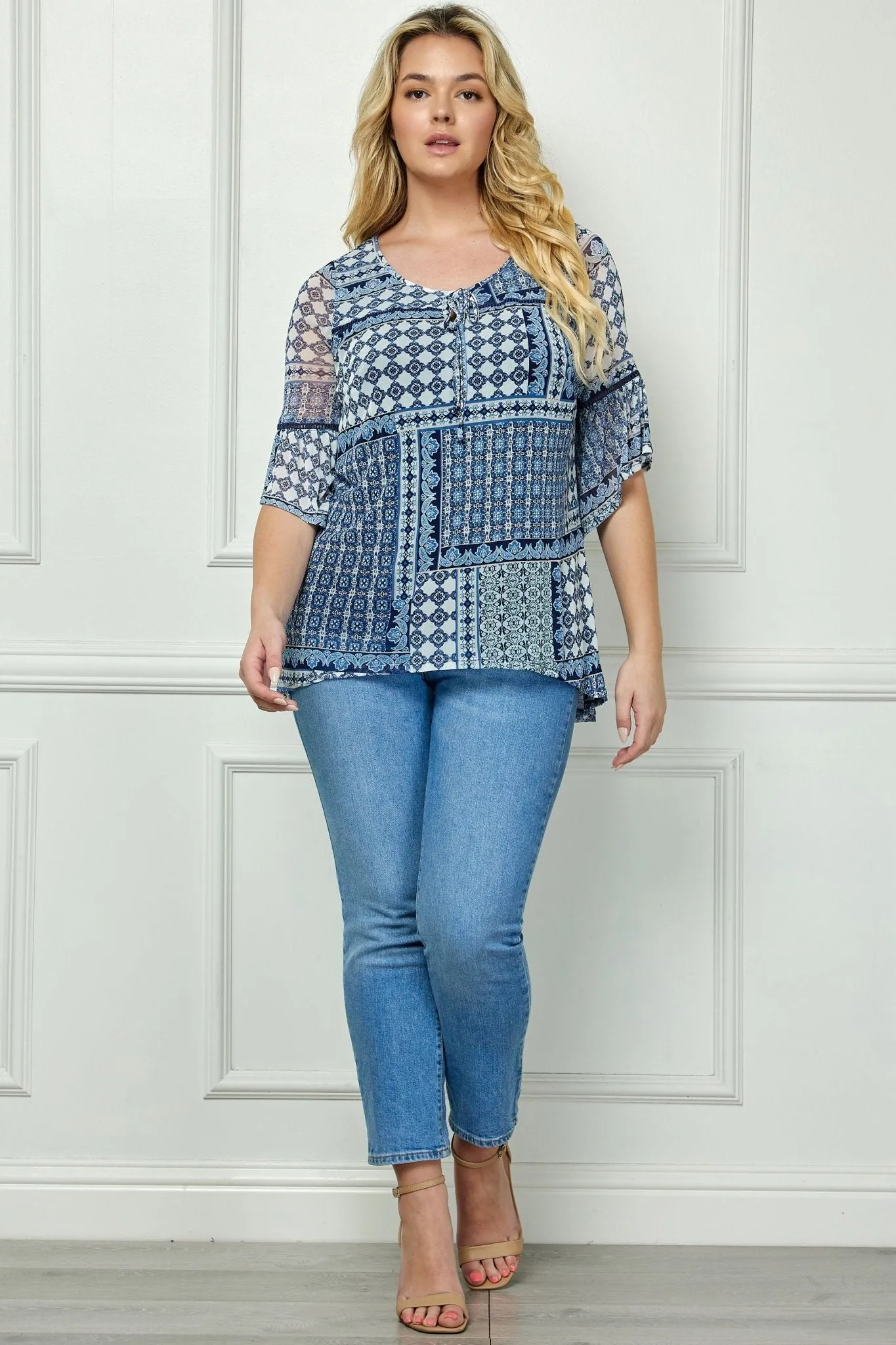 Elbow Ruffle Sleeve Beaded Tie Neck Blouse - Plus