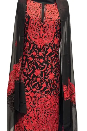 Elegant Black Kashmiri Aari Work Georgette Three Piece Unstitched Suit Set