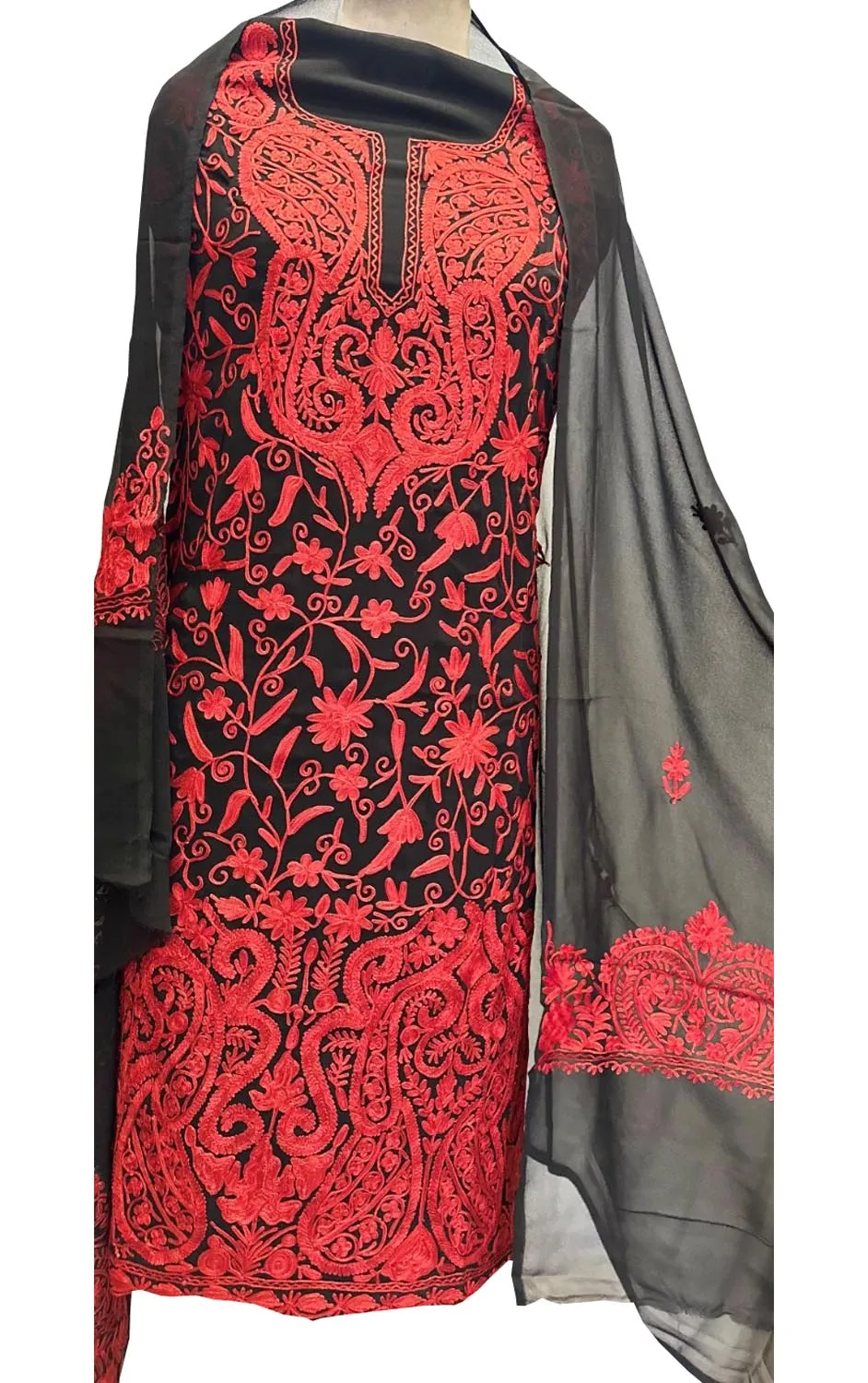 Elegant Black Kashmiri Aari Work Georgette Three Piece Unstitched Suit Set