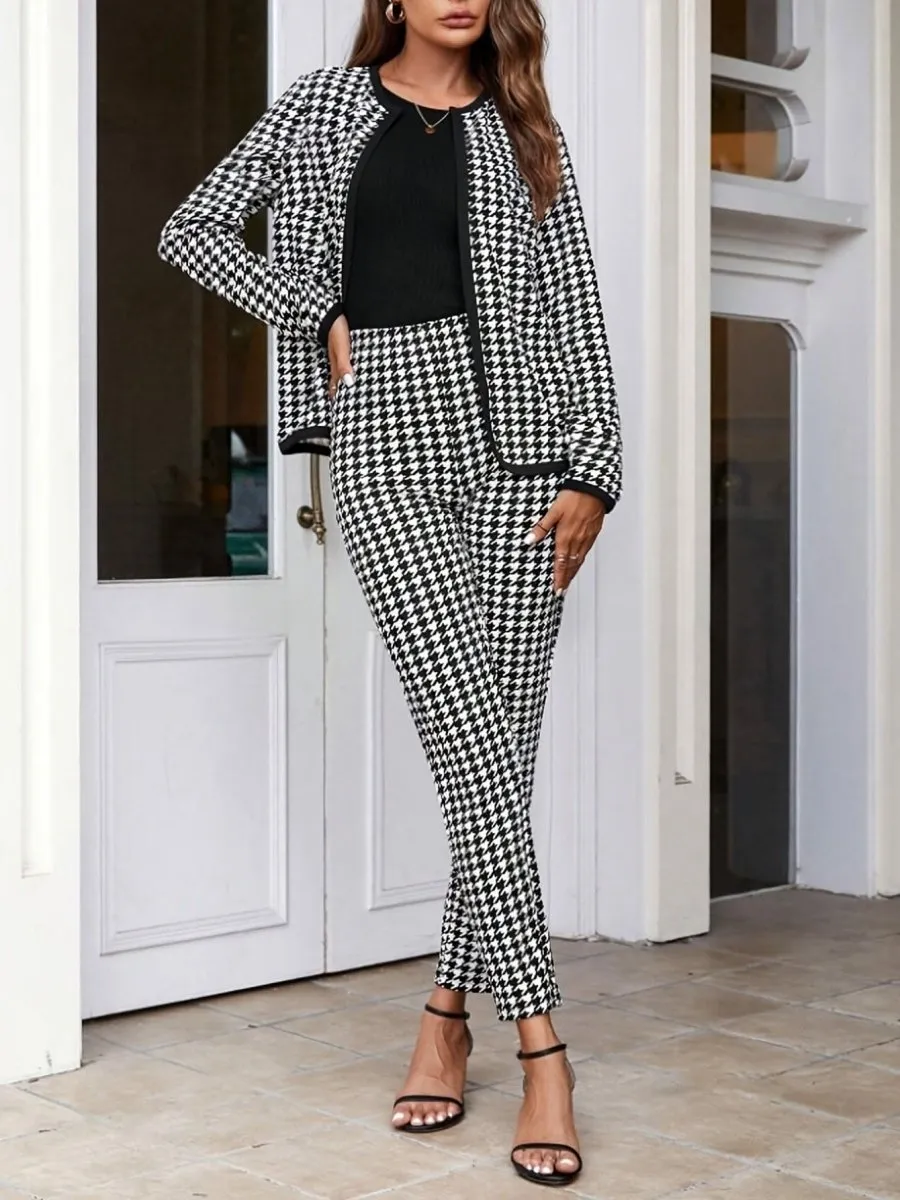 Elegant Houndstooth Womens Pantsuit  Chic Business Casual Outfit - By Lustmia
