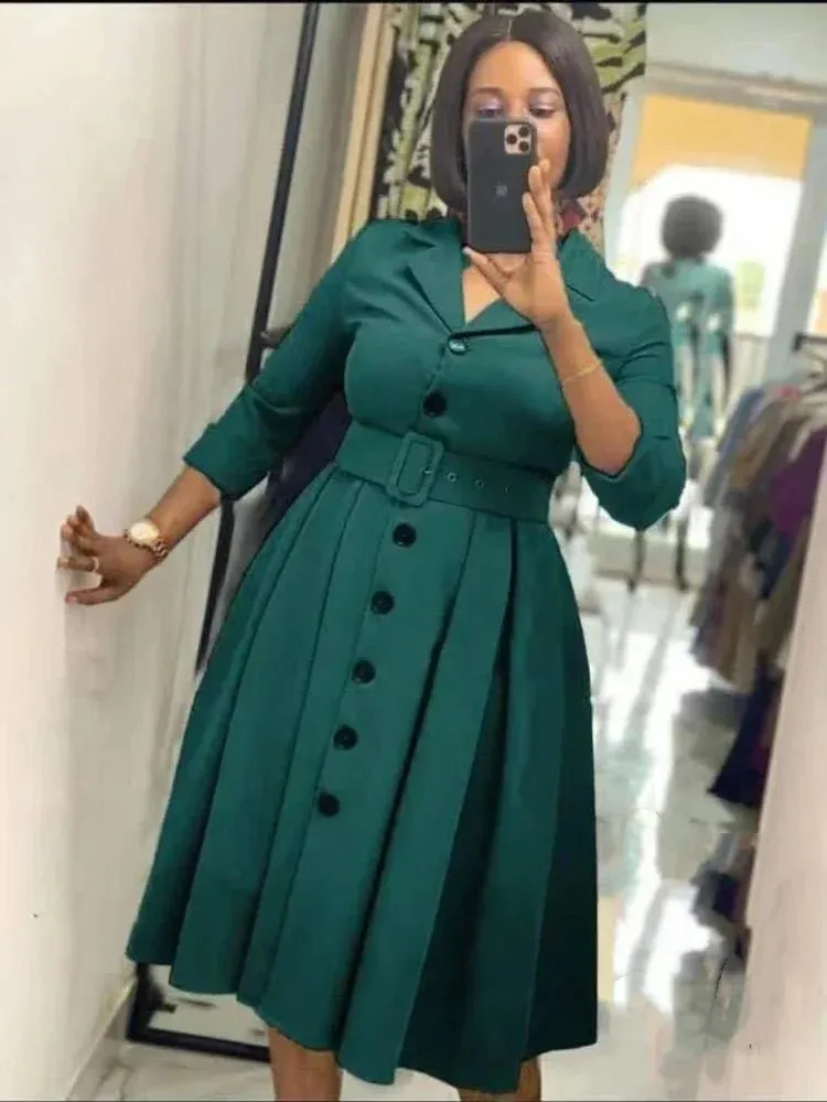 Elegant Long Sleeve Button Down A-Line Midi Office Dress with Notched Lapel and Waist Belt for Women