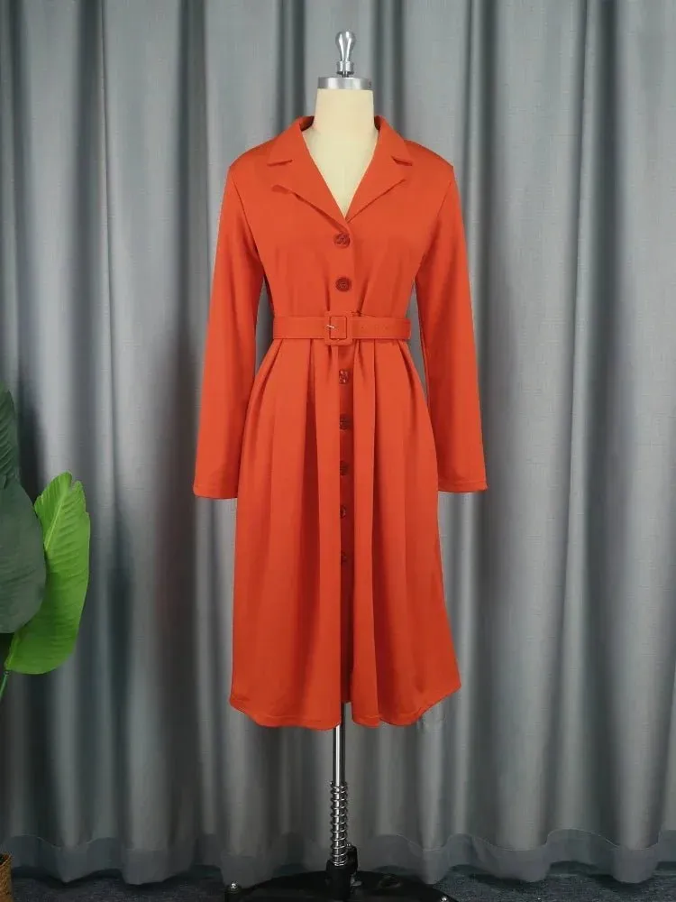 Elegant Long Sleeve Button Down A-Line Midi Office Dress with Notched Lapel and Waist Belt for Women