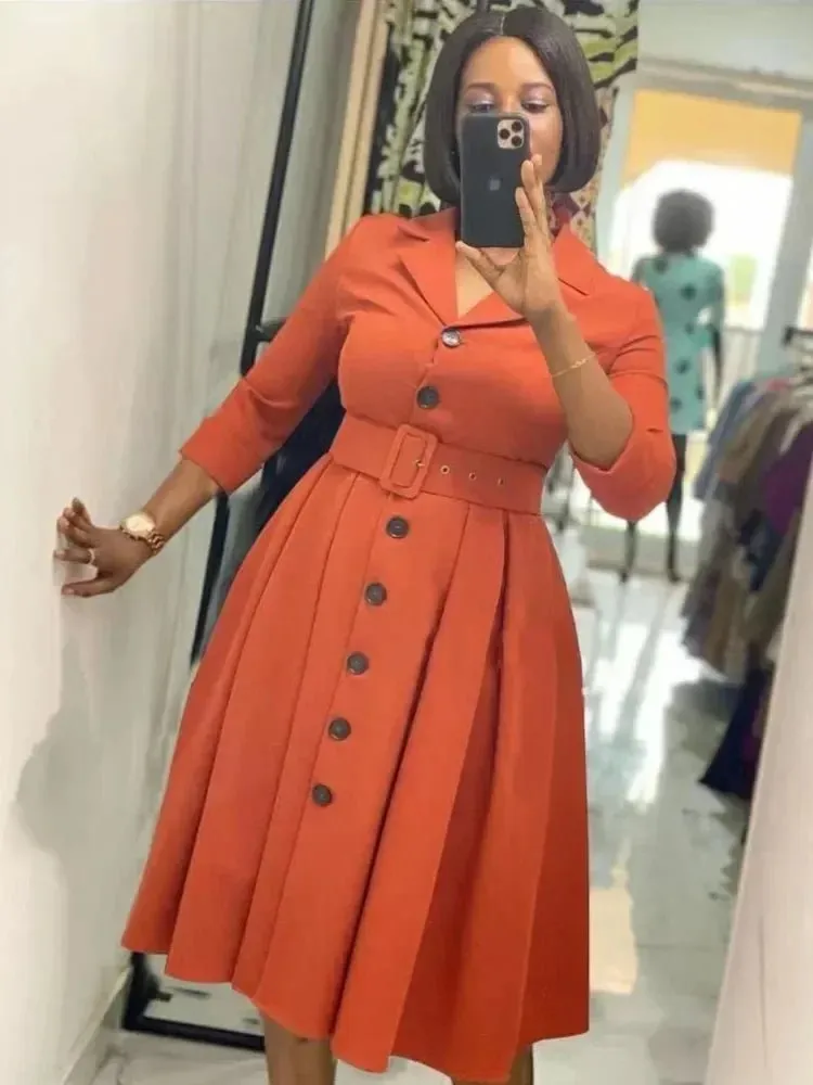 Elegant Long Sleeve Button Down A-Line Midi Office Dress with Notched Lapel and Waist Belt for Women