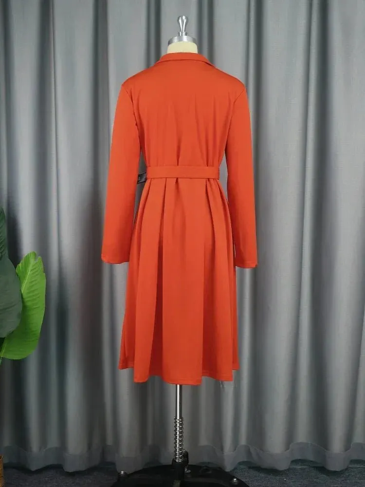 Elegant Long Sleeve Button Down A-Line Midi Office Dress with Notched Lapel and Waist Belt for Women