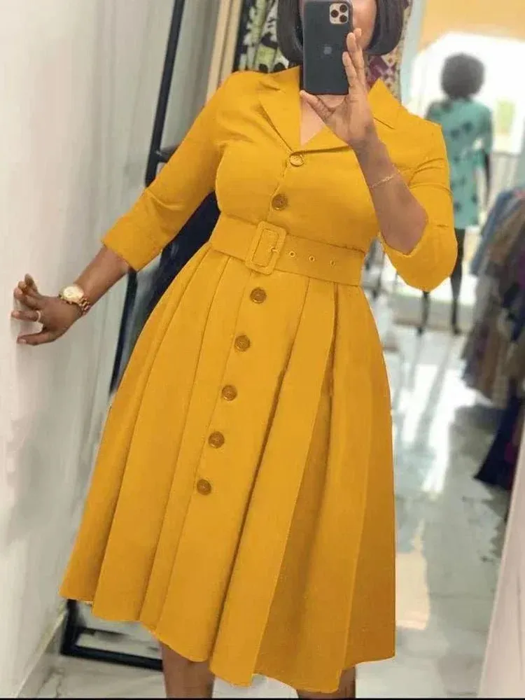 Elegant Long Sleeve Button Down A-Line Midi Office Dress with Notched Lapel and Waist Belt for Women