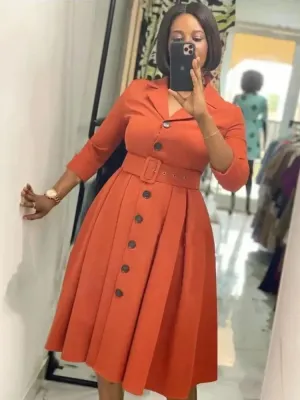 Elegant Long Sleeve Button Down A-Line Midi Office Dress with Notched Lapel and Waist Belt for Women
