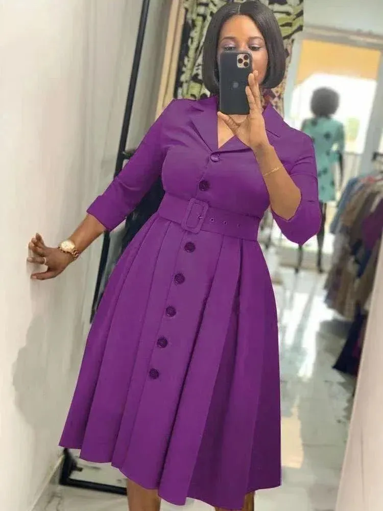 Elegant Long Sleeve Button Down A-Line Midi Office Dress with Notched Lapel and Waist Belt for Women
