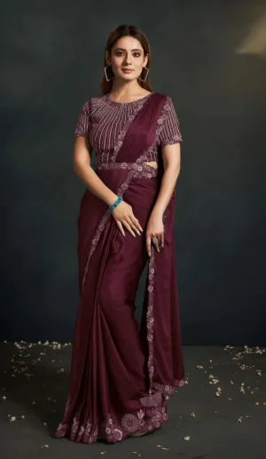 Elegant Wine Satin Silk Crepe Embroidered Ready To Wear Saree
