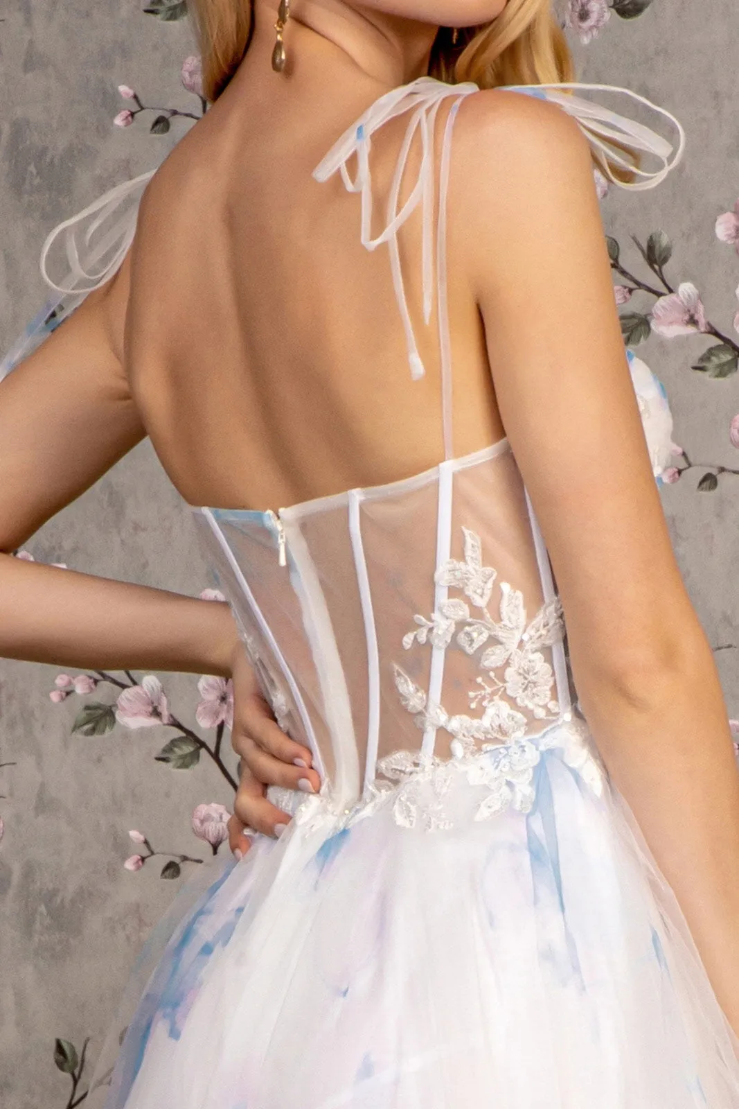 Embroidery Bead Tied Shoulder Mesh A-line Long Prom Dress GLGL3208