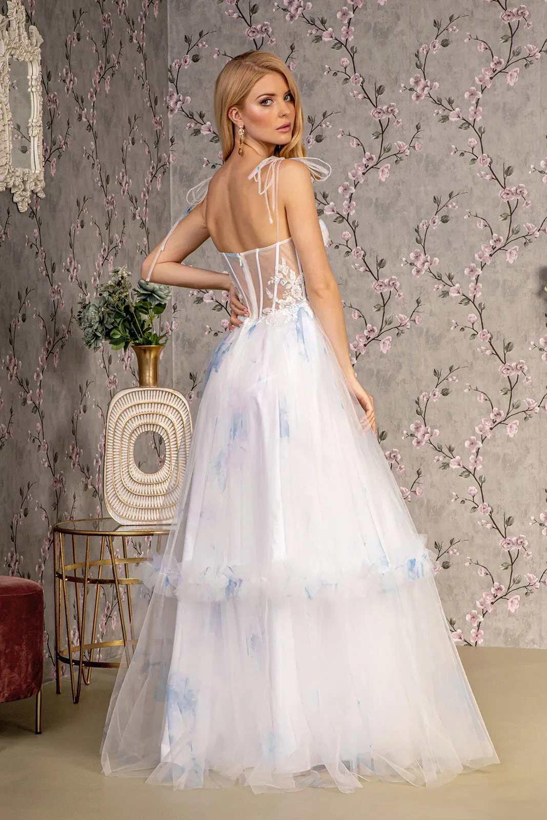Embroidery Bead Tied Shoulder Mesh A-line Long Prom Dress GLGL3208
