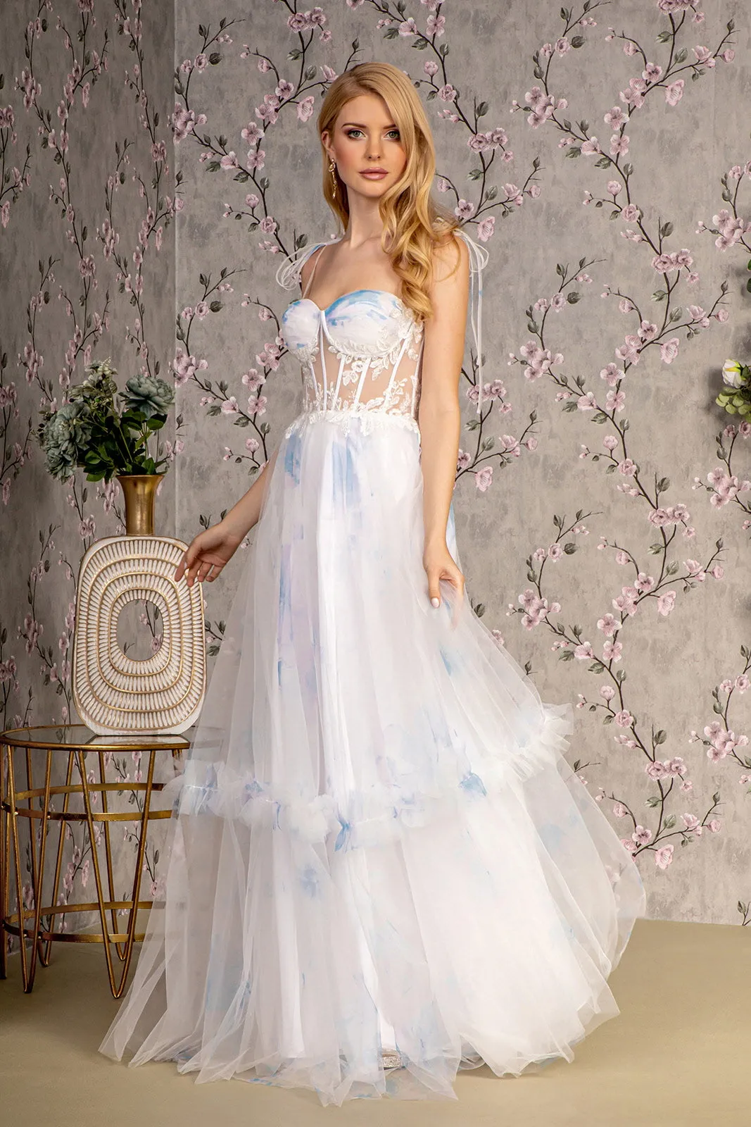 Embroidery Bead Tied Shoulder Mesh A-line Long Prom Dress GLGL3208