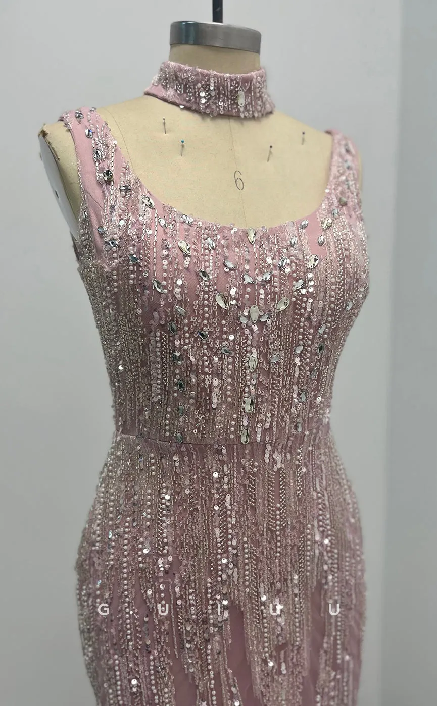 G3081 - Elegant & Luxurious Square Beaded Embroidered Illusion Formal Prom Dress With Slit