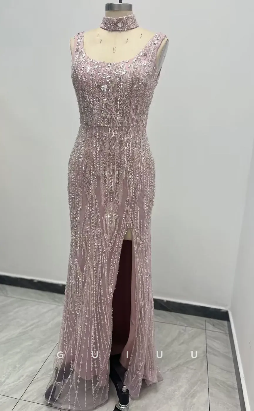 G3081 - Elegant & Luxurious Square Beaded Embroidered Illusion Formal Prom Dress With Slit