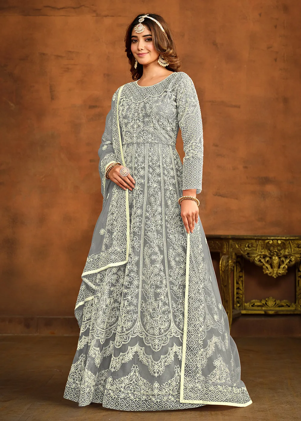 Grey All Over Embroidered Net Wedding Anarkali Suit