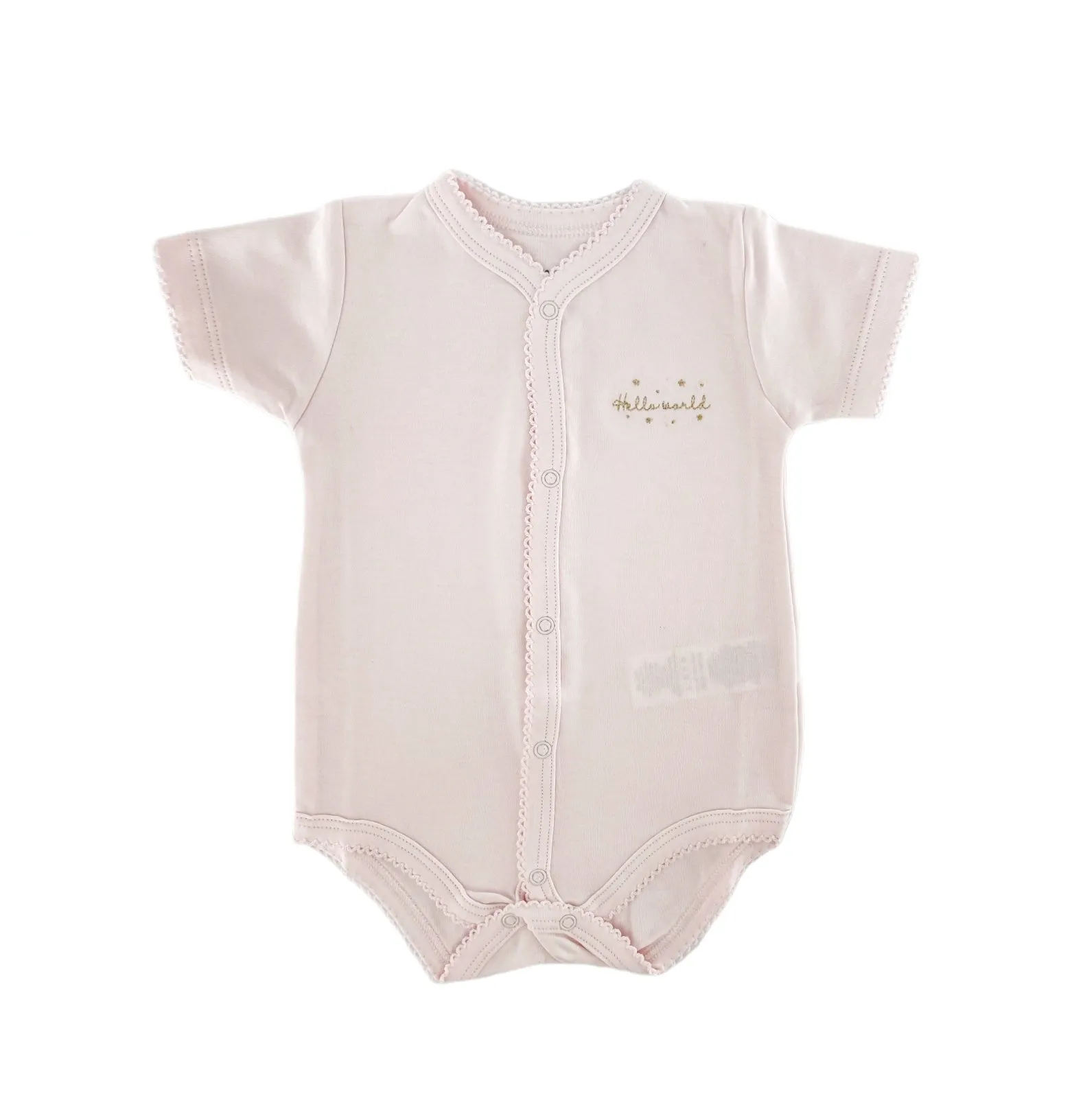 Hello World Short Sleeve Snapped Bodysuit, Pink