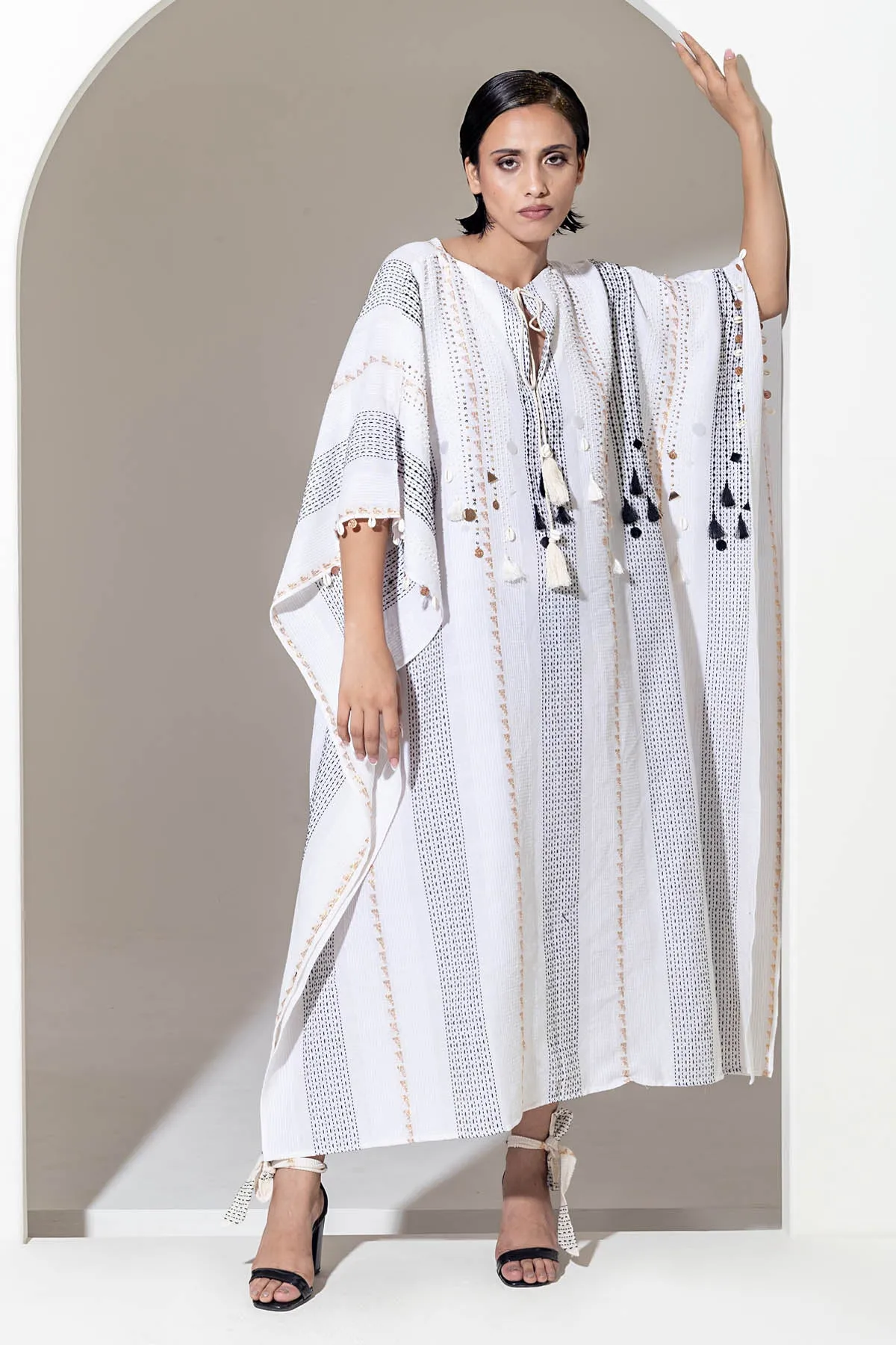 Ivory Embroidered Cotton Kaftan