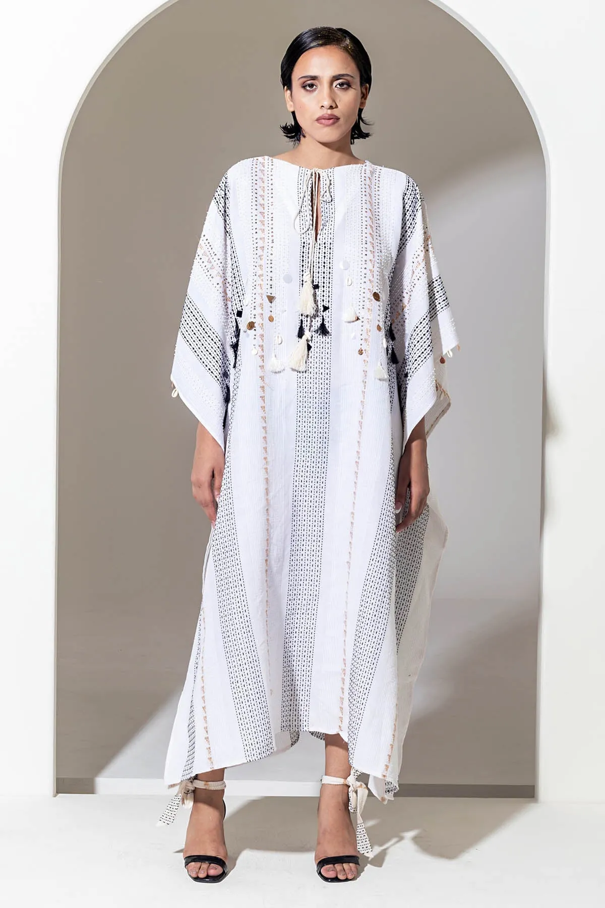 Ivory Embroidered Cotton Kaftan