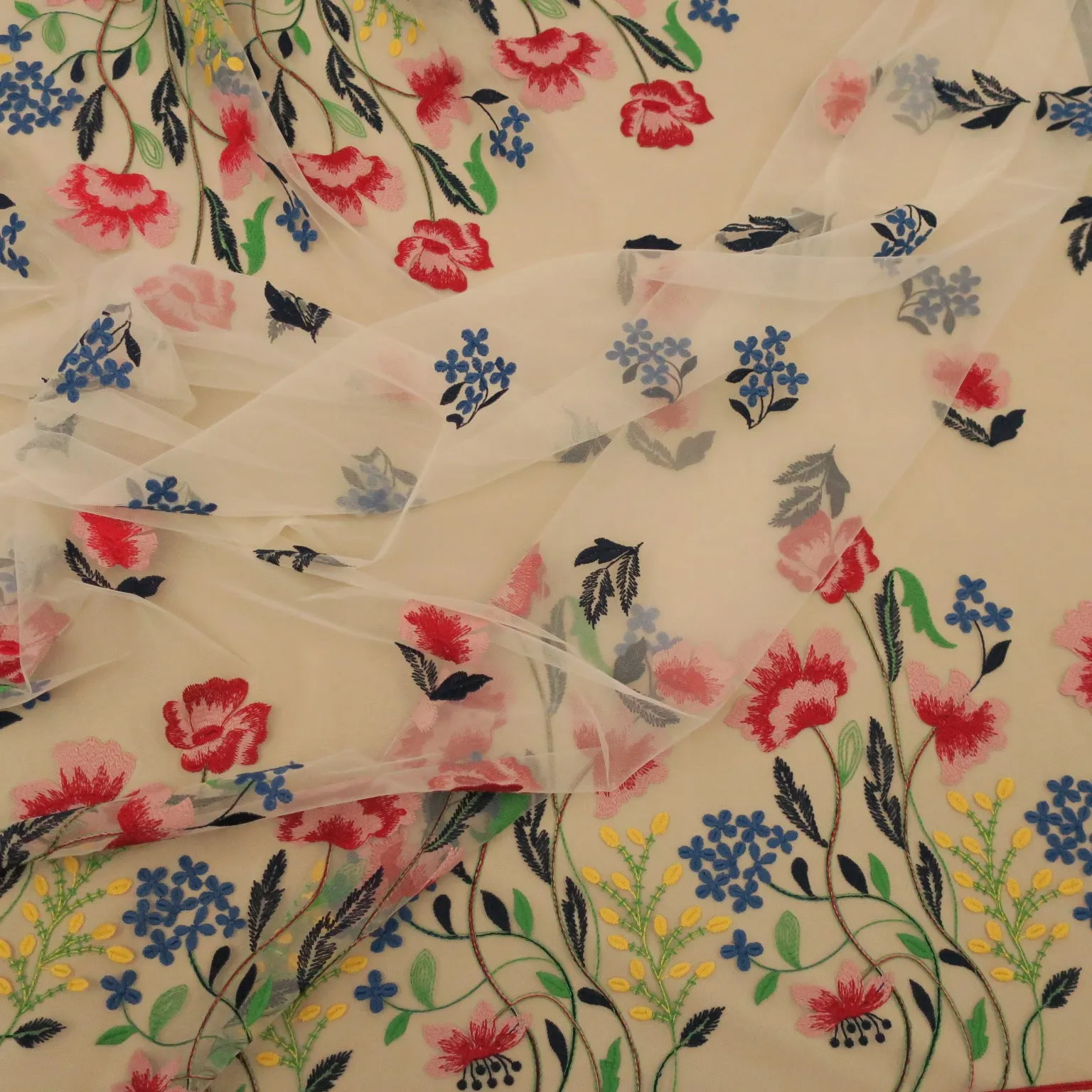 Ivory Tulle with Multicolored Floral Embroidered Fabric