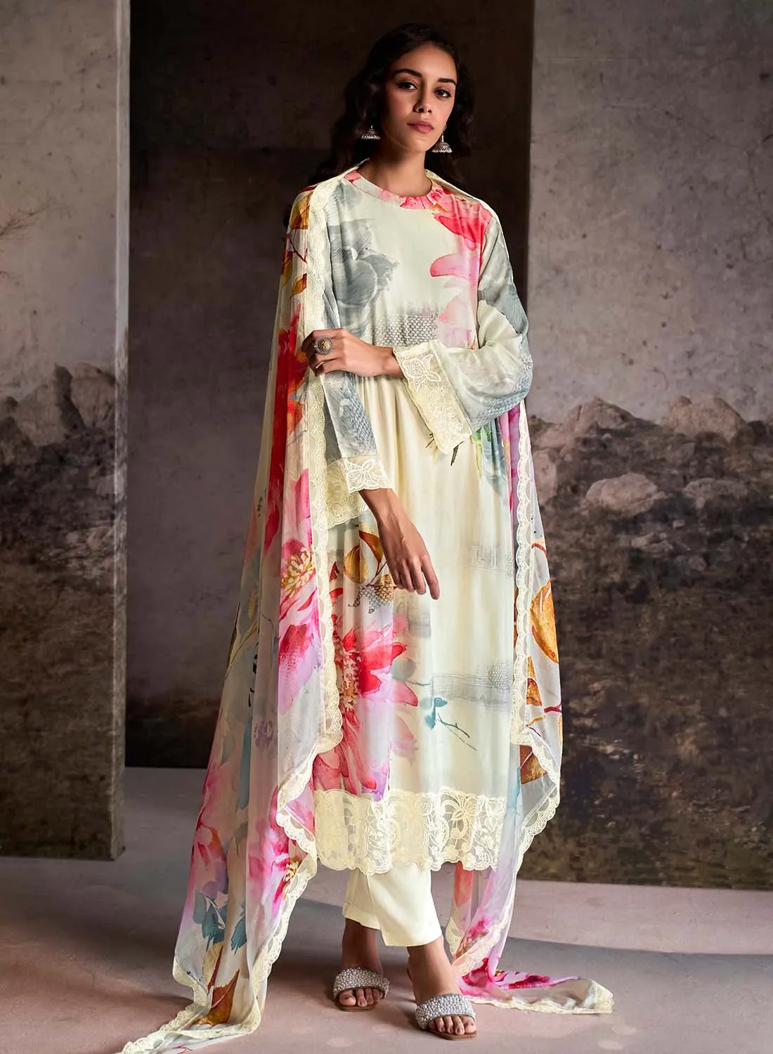 Kimora Pure Muslin Unstitched Salwar Suit Material with Embroidery
