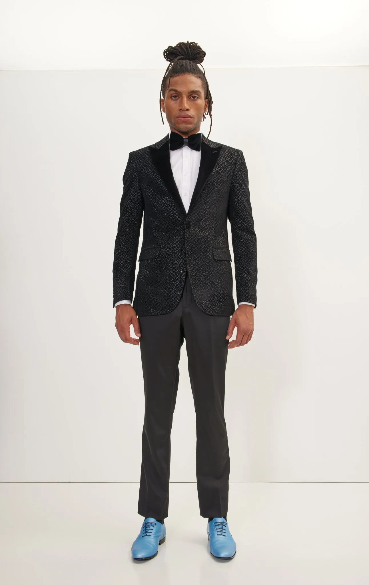 Leopard Flocking Peak Lapel Tuxedo Jacket - Black