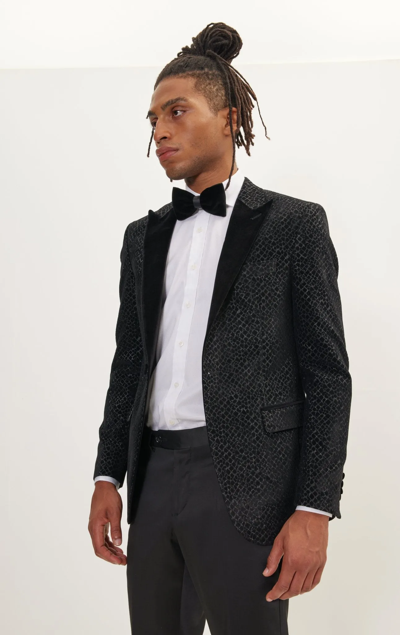 Leopard Flocking Peak Lapel Tuxedo Jacket - Black