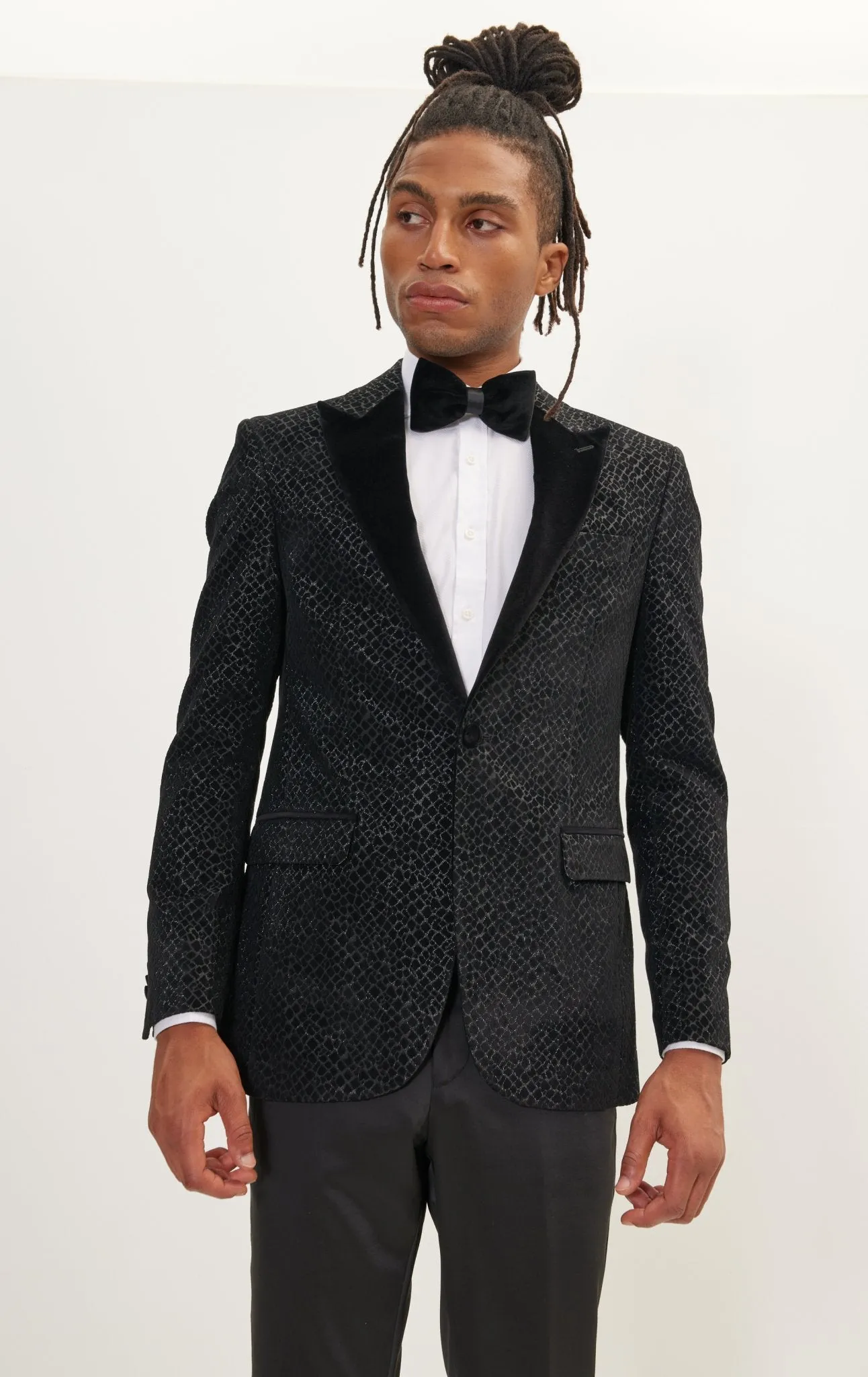 Leopard Flocking Peak Lapel Tuxedo Jacket - Black