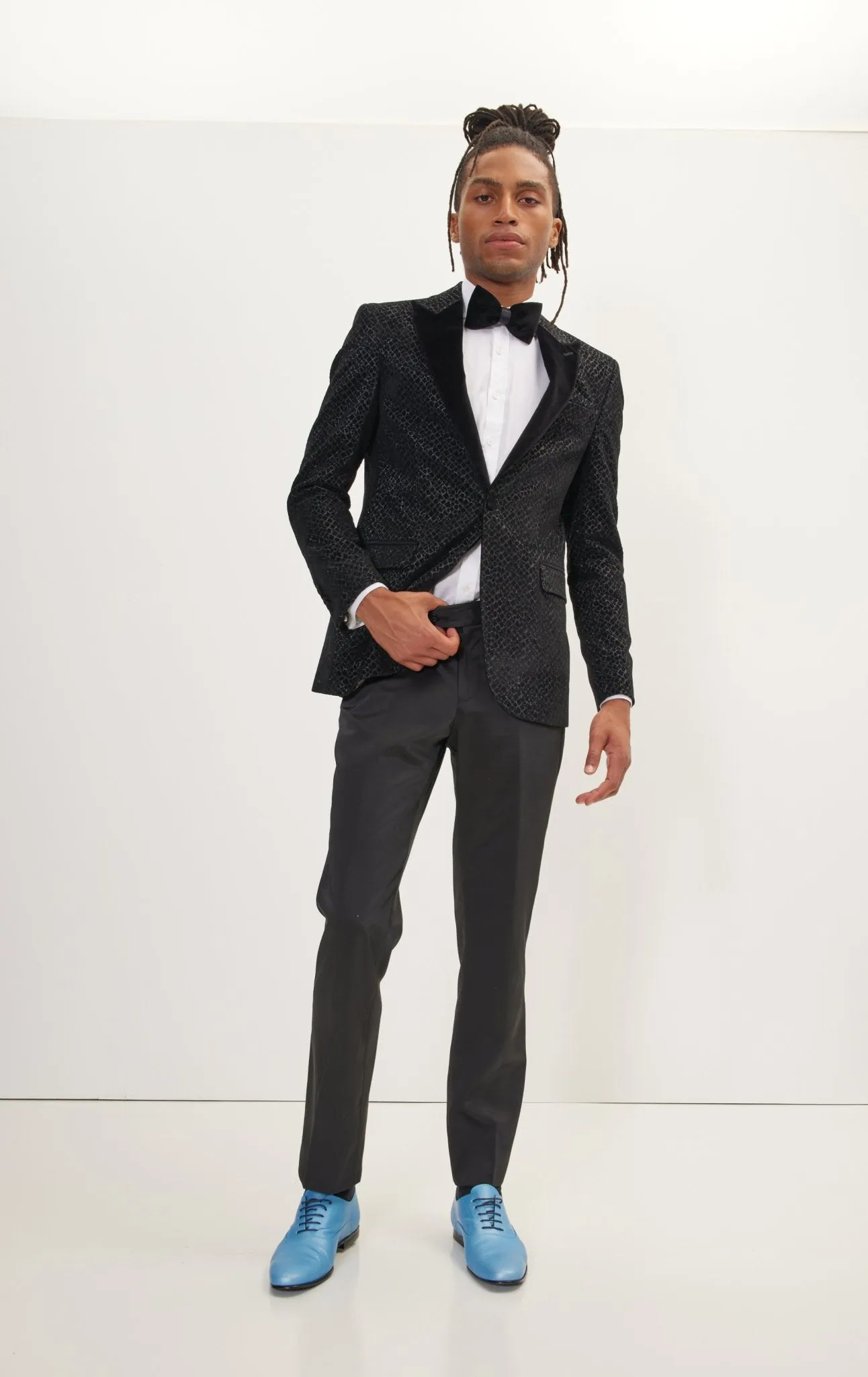 Leopard Flocking Peak Lapel Tuxedo Jacket - Black