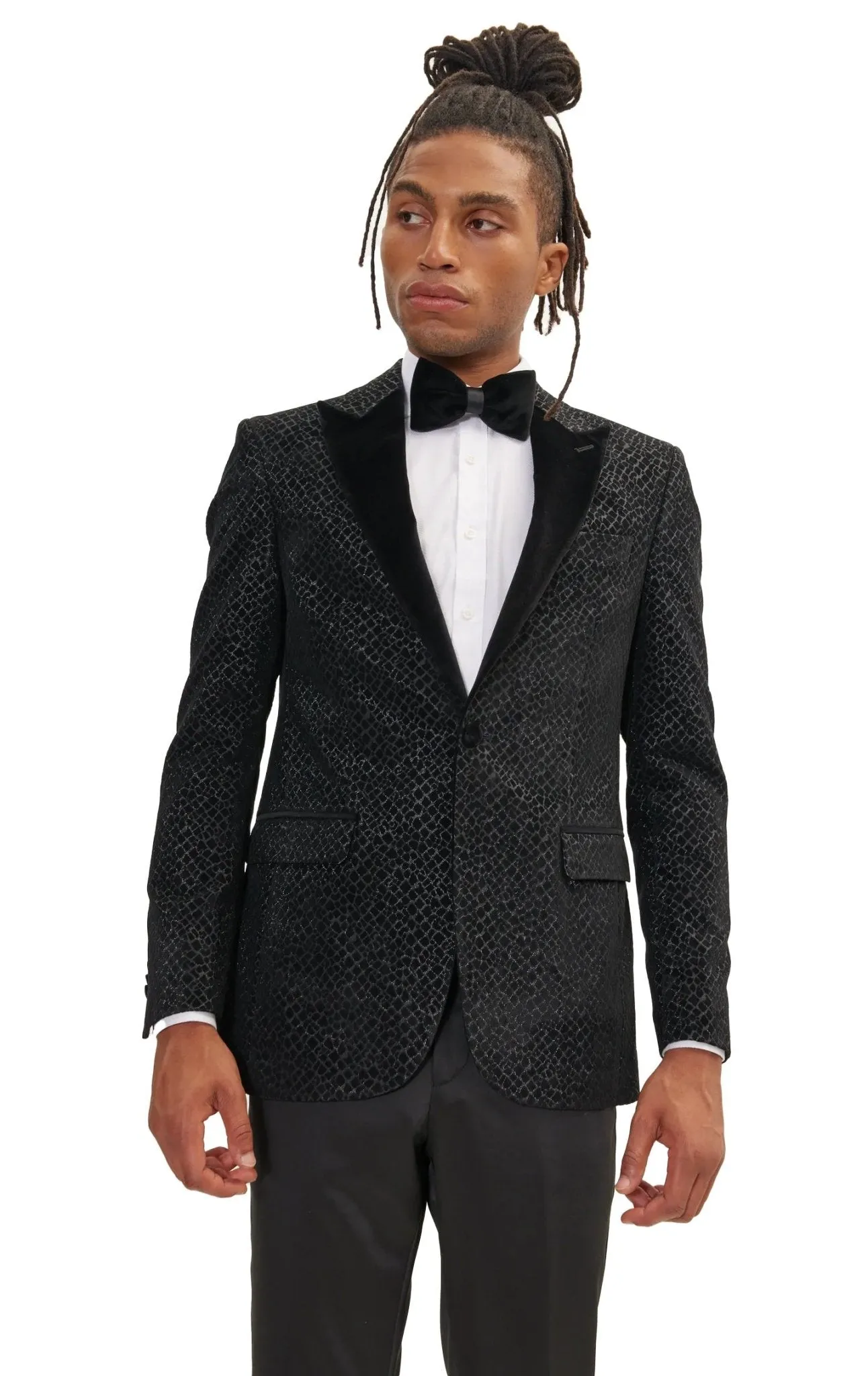 Leopard Flocking Peak Lapel Tuxedo Jacket - Black