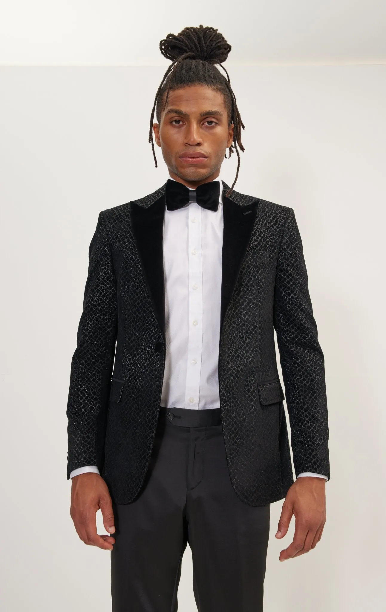 Leopard Flocking Peak Lapel Tuxedo Jacket - Black