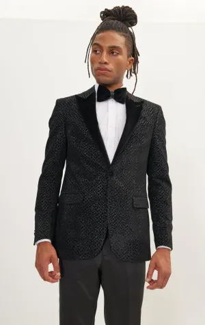 Leopard Flocking Peak Lapel Tuxedo Jacket - Black