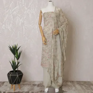 Light beige Premium georgette kameez with multicolor print having chikankari embroidery and sequin work in floral design. Light beige Plain salwar with same tone georgette dupatta having multicolor print-D15566