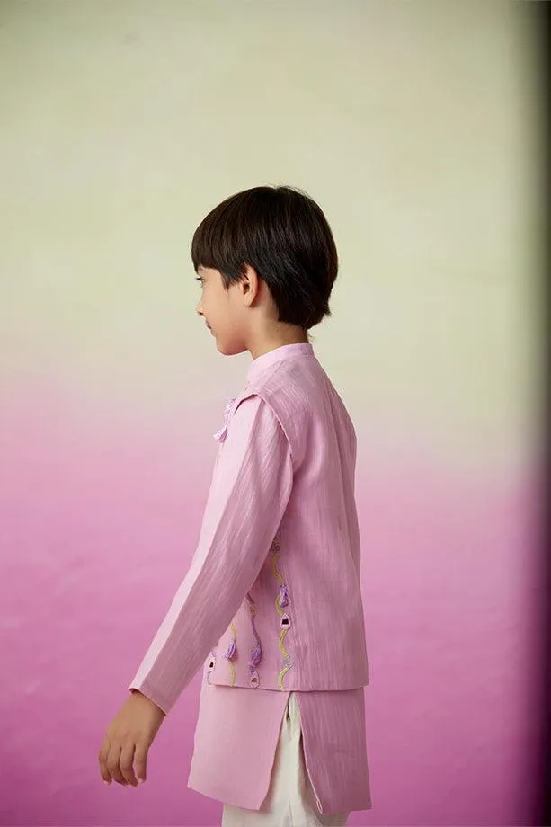 Little Explorer- Orchid Pink Hand Embroidered Kurta Jacket & Pants Set for Boys