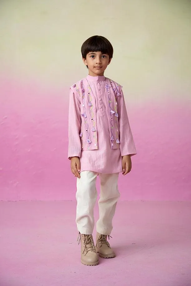 Little Explorer- Orchid Pink Hand Embroidered Kurta Jacket & Pants Set for Boys