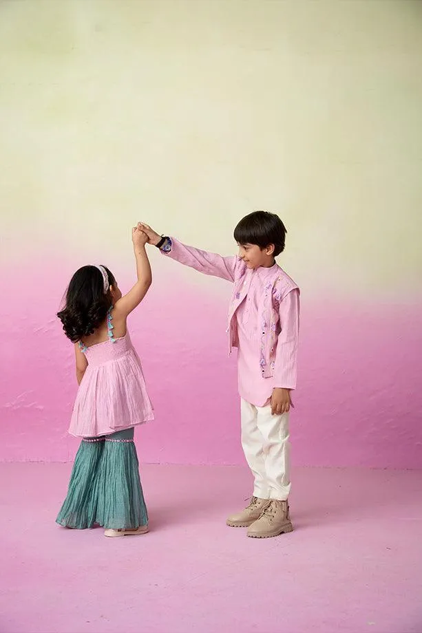 Little Explorer- Orchid Pink Hand Embroidered Kurta Jacket & Pants Set for Boys