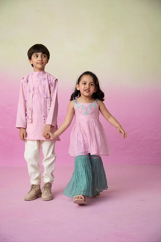 Little Explorer- Orchid Pink Hand Embroidered Kurta Jacket & Pants Set for Boys