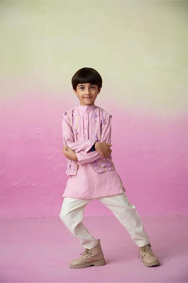 Little Explorer- Orchid Pink Hand Embroidered Kurta Jacket & Pants Set for Boys