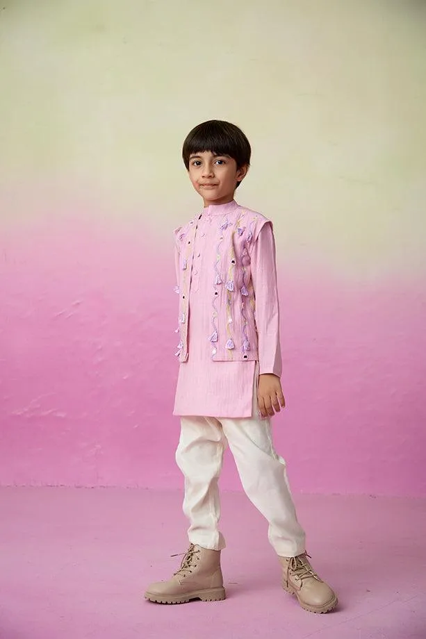 Little Explorer- Orchid Pink Hand Embroidered Kurta Jacket & Pants Set for Boys