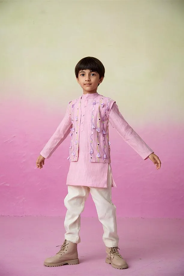 Little Explorer- Orchid Pink Hand Embroidered Kurta Jacket & Pants Set for Boys