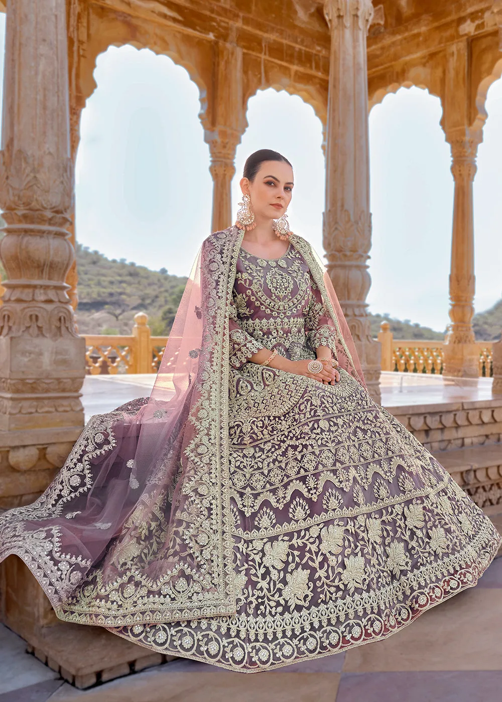 Mauve Front & Back Stone Embroidered Wedding Anarkali Suit