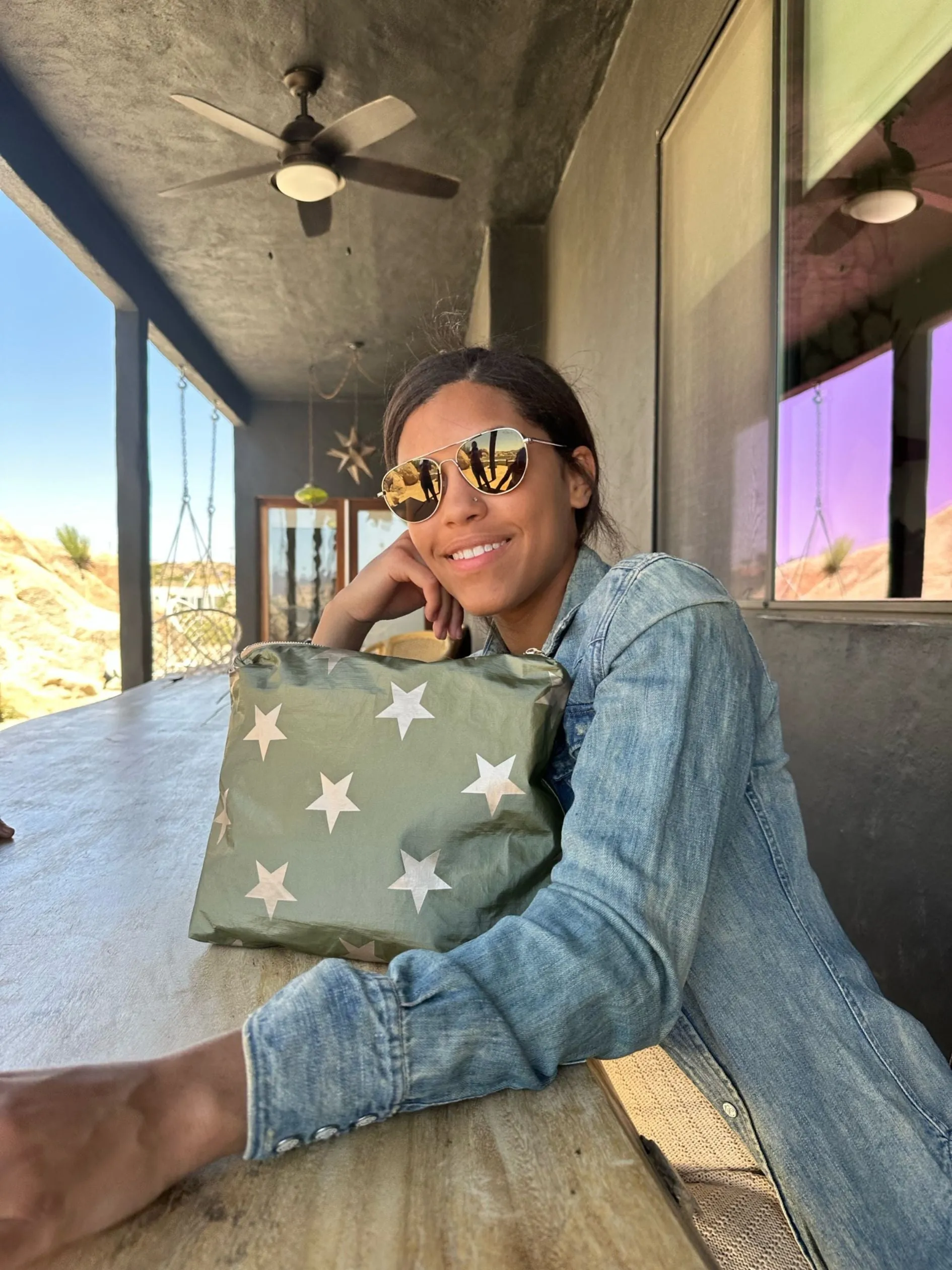 Medium Zipper Pack in Shimmer Olive Green with Multi Beige Stars